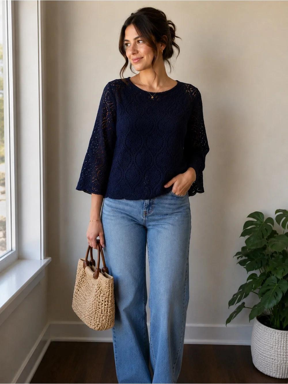 Banana Republic Navy Lace Eyelet Bell Sleeve Blouse Top Size Large